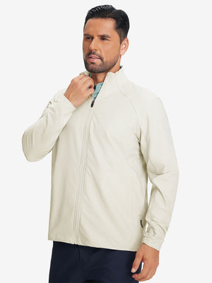 Model wearing lightweight water-resistant outerwear jacket, beige, front upper body view