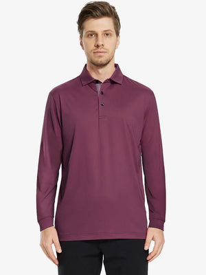 Front half-body view of model wearing BORDEAUX RED Long Sleeve Solid Jersey Polo