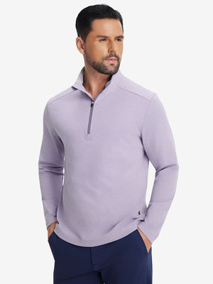 Front upper body shot of model in lanvender two tone pique cotton blend q-zip