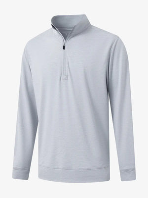 3D view of FADED DENIM HEATHER Quarter Zip Melange Pullover showing shape and melange pattern.