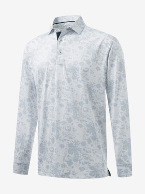 3D front view of the lightweight print long sleeve polo in gray ink splash, modern and athletic design.