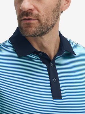 Close-up: nose to chest in aqua stripe upgraded two-tone striped quick dry polo shirt