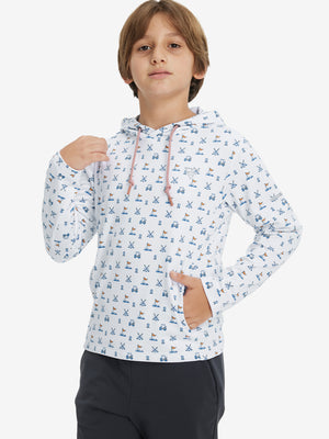 Model front upper body with one hand in pocket, stylish youth full print hoodies pullover in white golf.