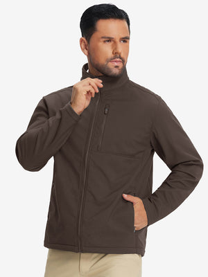 Model wearing winter thermal outdoor water resistant fleece jacket, hand in side pocket, relaxed fit in coffee brown
