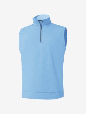 3d view of garment in light blue melange lightweight sleeveless quarter zip golf vest