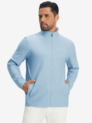 Model wearing lightweight water-resistant outerwear jacket, light blue, front upper body view