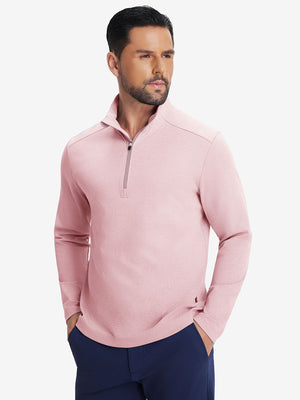Front upper body shot of model in pink two tone pique cotton blend q-zip