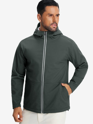 Model wearing reflective hooded softshell jacket, grey, front upper-body with a sleek fit.