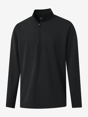 Front 3D view of Premium jacquard quarter zip pullover in black with refined structure