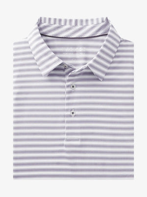 3D rendering of the Lavender White Yarn Dyed Stripe Polo with soft contrast stripe details