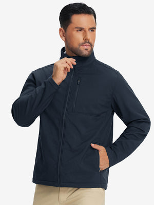 Model wearing winter thermal outdoor water resistant fleece jacket, hand in side pocket, relaxed fit in navy
