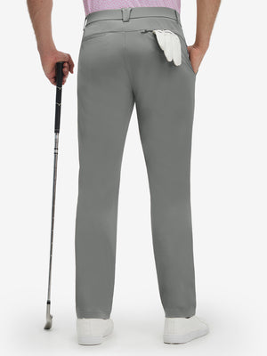 Back lower body shot of model wearing gray blue breathable casual slacks with 4 pockets