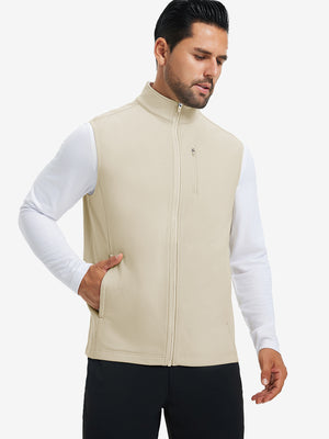Model wearing water-resistant fleece golf vests, hand in side pocket, relaxed fit in light khaki
