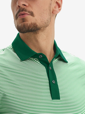 Close-up: nose to chest in emerald stripe upgraded two-tone striped quick dry polo shirt