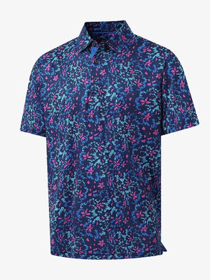 3D view showcasing the floral print on NAVY COLORFUL FLOWER Performance Print Boys Golf Polo