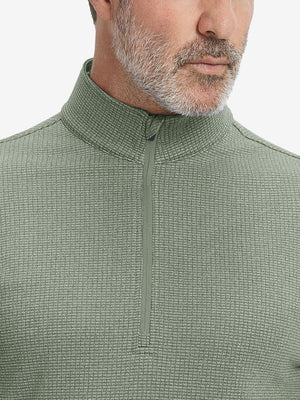 Close-up of collar and fleece lining on casual fleece lined quarter zip pullover in green.