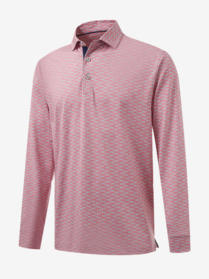 3D front view of the lightweight print long sleeve polo in pink small fish, modern and athletic design.