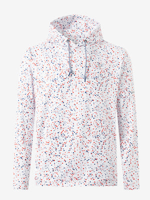 Front 3D view of trendy print fleece hoodies, clean silhouette in modern white polka dots design