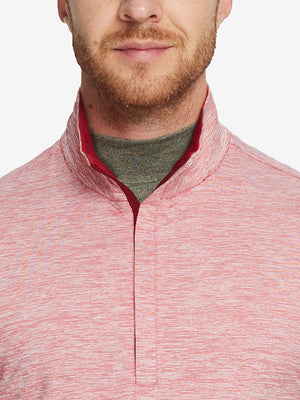 Heather Pinstripe Brushed Dry Fit Quarter Zip Pullover in red heather, front chest detail showing brushed fabric and pinstripe texture