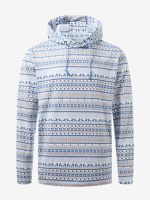 Front 3D view of trendy print fleece hoodies, clean silhouette in modern christmas snowflake design