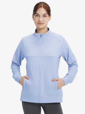 Women's Water-Resistant Stretch Fleece Lined Jacket in light grayish blue, front upper body view