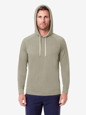 Model front upper body wearing view, heather midlayer golf hoodies in taupe heather