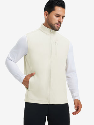 Model wearing water-resistant fleece golf vests, hand in side pocket, relaxed fit in cream