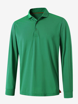 Front 3D view of Long sleeve pinstripe jersey polo in green stripe with sharp stripe pattern