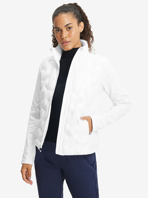 Model wearing women's lightweight fleece-lined puffer jacket, white, front upper-body look.