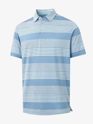 3D view of BLUE WHITE STRIPE Performance Yarn Dye Striped Polo showing striped pattern and fit