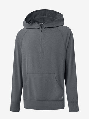 3D front view of the Quarter Zip Hoodie with Kangaroo Pocket in Black Grey Heather, athletic casual style.