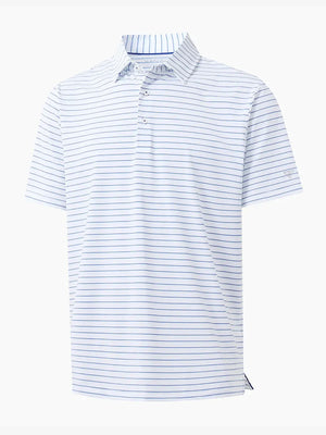 3D visual of WHITE/LIGHT BLUE STRIPE Polo showing light airy yarn-dyed stripe pattern