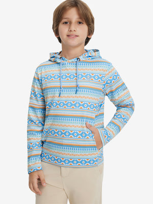 Model front upper body with one hand in pocket, stylish youth full print hoodies pullover in blue ethnic.