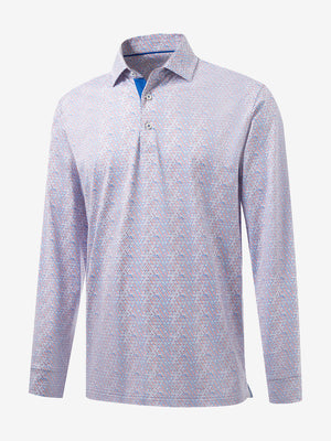 3D front view of the lightweight print long sleeve polo in colourful hexagon, modern and athletic design.