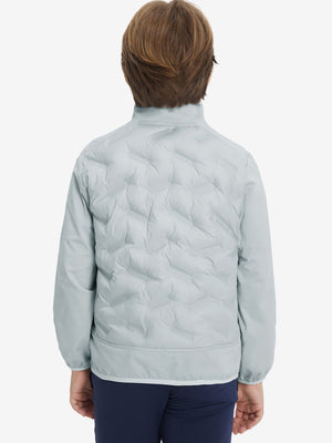 Back upper-body view of boys windproof puffer jacket with pockets on model, shown in light grey.