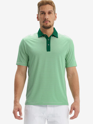 Front half-body of model in emerald stripe upgraded two-tone striped quick dry polo shirt