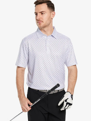 Half-body front view of model holding golf club wearing WHITE GEO Performance Quick Dry Print Golf Polo.