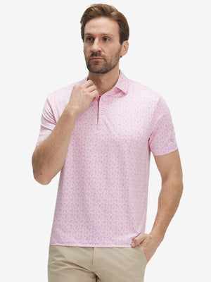 Front half-body shot of model wearing the pink wine glass 4 way stretch print collared polo shirt for a casual sporty look