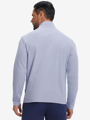 Back view showing fit of two tone pique cotton blend q-zip in sky blue