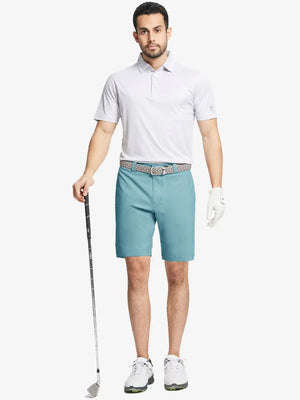 Full body front view of model wearing BLUE LIGHT 9 Inch Heather Performance Golf Shorts, holding a golf club