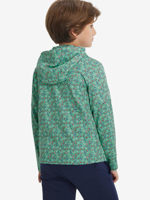 Back upper body view of model wearing youth full print stylish hoodies pullover, green rugby.