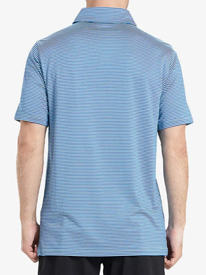 Back half-body view of AQUA STRIPE shirt, featuring neat stripes and athletic fit