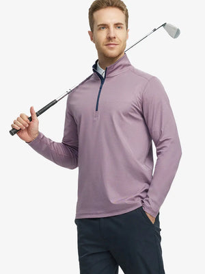 Half-body front view of model holding golf club in Pinstripe Quarter Zip Pullover – WISTFUL MAUVE MELANGE