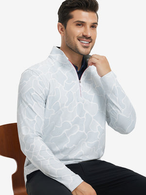 Model front upper body wearing Full print lightweight quarter zip pullover in sleek grey irregular shape