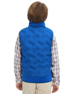 Back view of boys full-zip fleece-lined puffer vest showing smooth fleece texture in klein blue