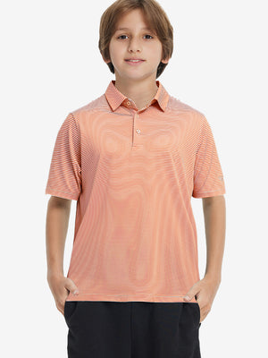 Front half-body shot of youth in orange stripe performance cooling polo, highlighting design and fit