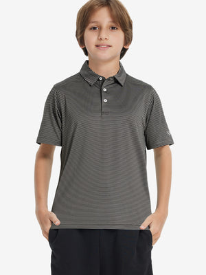 Front half-body shot of youth in black stripe performance cooling polo, highlighting design and fit