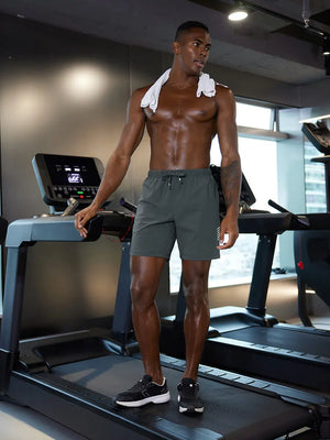 Full-body gym view of model in DARK GREY 2 in 1 Running Sports Shorts with Liner