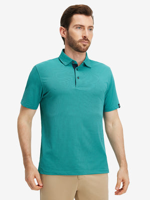 Front half-body view of a model wearing the turquoise feather weight jacquard polo shirts, showing the chest pocket