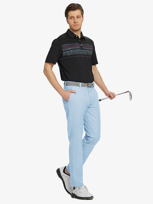 Full body front view of model wearing LIGHT BLUE Water Resistant Everyday Pants, holding a golf club